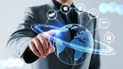 Professional businessman interacts with glowing digital globe and futuristic interconnected icons representing global business, education, and innovation