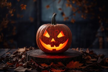 Illuminated pumpkin sculpture with intricate designs on a table surrounded by foliage