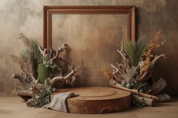 Fototapeta premium Creative sustainable arrangement featuring a wooden stand and ornamental driftwood backdrop.