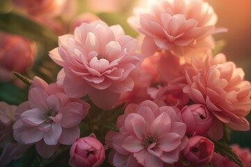 Fototapeta premium Cluster of pink blossoms with a cozy glowing backdrop, floral pattern, texture, design, warm season, ceremony, outdoors, bloom, foliage, present