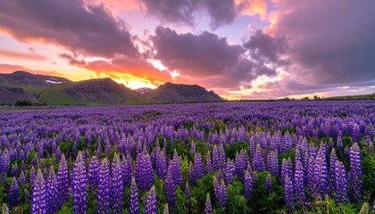 Fototapeta premium Vibrant Lavender Field Under Dramatic Sunset with Dark Clouds