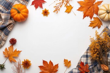 White background with blue plaid for autumn decor, flat lay in anime style, top view with copy space