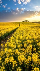 Obraz premium Vibrant Yellow Flower Field Under a Gorgeous Sky at Sunset