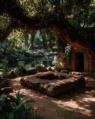 A quiet stone platform beneath a sacred bodhi tree in a sunlit forest clearing. Peaceful, spiritual, and empty—perfect for themes of reflection, mindfulness, or inner awakening.