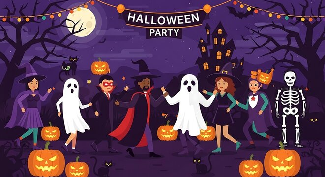 Halloween Party Celebration with Spooky Characters and Decorations.