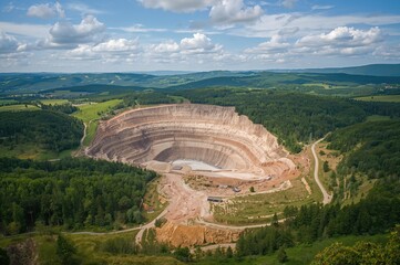 Aerial view of a rural mine encircled by woodlands and rolling hills.