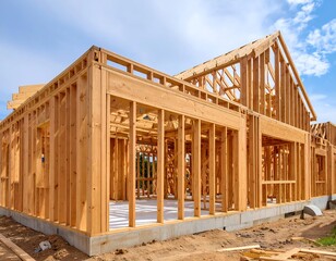 Obraz premium Exterior view of a wooden house frame under construction