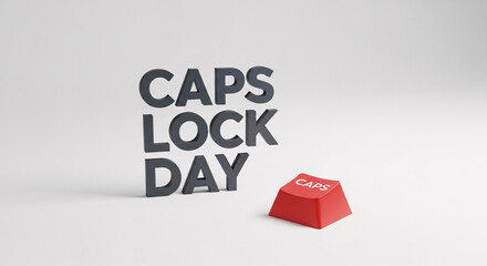 3D rendering of the text CAPS LOCK DAY with a red keyboard key on a white background.