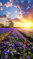 Fototapeta premium Vibrant Purple Flowers Under Bright Sky at Golden Hour