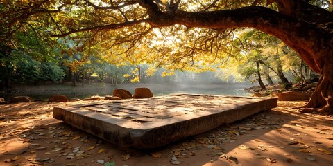 A quiet stone platform beneath a sacred bodhi tree in a sunlit forest clearing. Peaceful, spiritual, and empty—perfect for themes of reflection, mindfulness, or inner awakening.