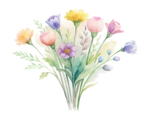 Wildflower Bouquet Watercolor Illustration Set isolated on white background