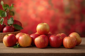Red apples outdoors with summer scenery