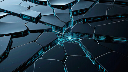 Abstract Fractured Geometric Surfaces with Glowing Blue Circuitry