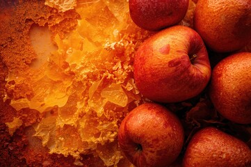 Abstract design featuring apples and oranges with vibrant colors