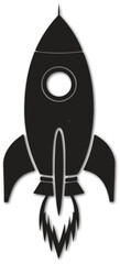 Rocket Ship Silhouette Icon - A monochrome vector symbol of a launching spacecraft with fire, representing startup, innovation, speed, progress, and business. drop shadow