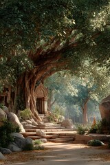 A quiet stone platform beneath a sacred bodhi tree in a sunlit forest clearing. Peaceful, spiritual, and empty—perfect for themes of reflection, mindfulness, or inner awakening.