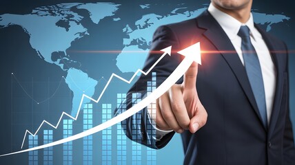 Confident businessman drives global growth by analyzing rising financial charts and world map data for strategic business success and future planning
