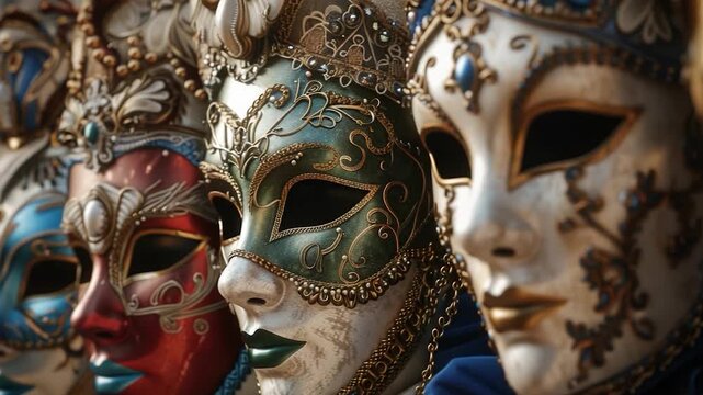 A close-up shot of multiple masks, great for party or costume theme projects