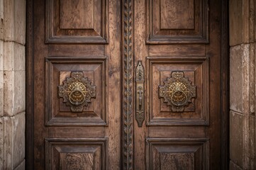 Vintage entryway featuring elaborate handles and knockers, highlighting classical architectural design.