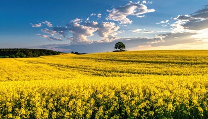 Vibrant Yellow Fields Under Blue Sky with Fluffy Clouds and Tree