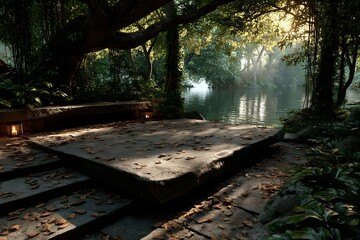 A quiet stone platform beneath a sacred bodhi tree in a sunlit forest clearing. Peaceful, spiritual, and empty—perfect for themes of reflection, mindfulness, or inner awakening.