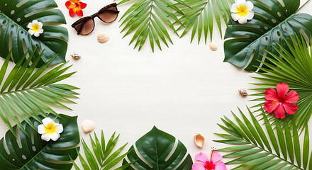 3D image Tropical Summer Flat Lay with Palm Leaves, Flowers, Sunglasses, Seashells for Travel Promotions, Beach Décor, Vacation Graphics.