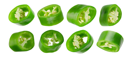  Set of sliced green hot chili peppers. Isolated on white.