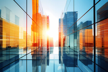 buildings reflecting the sun and sunset
