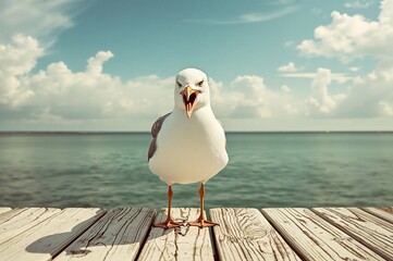 Furious gull perched on pale driftwood by the water under a clear summer sky