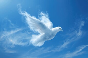 White dove figure resembling an angel cloud against a blue backdrop