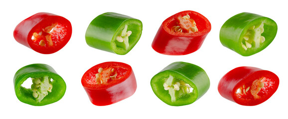 Set of sliced green and red hot chili peppers. Isolated on white.