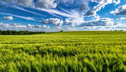 Naklejka premium Lush Green Wheat Field Under Bright Blue Sky and Fluffy White Clouds