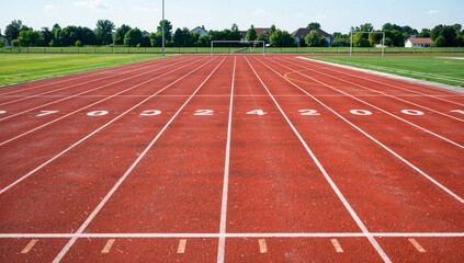 Running track with lane markings and surrounding field