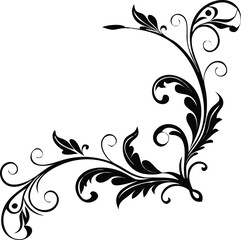 Elegant black floral corner design isolated on white background, featuring intricate swirls and delicate leaves for decoration