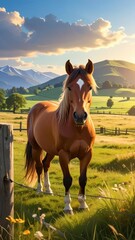 Obraz premium Majestic Horse Standing in Lush Green Meadow with Mountains