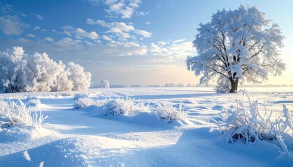 Serene Winter Landscape with Snow-Covered Trees and Blue Sky