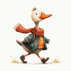 Charming Illustration of a Quirky Duck Wearing a Scarf and Backpack in Autumn Style