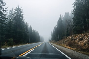 Naklejka premium Empty mountain road through tall pine trees, viewed from ground level on a foggy spring morning.