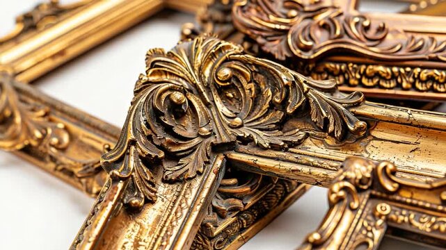 Ornate gold frames arranged on a white surface