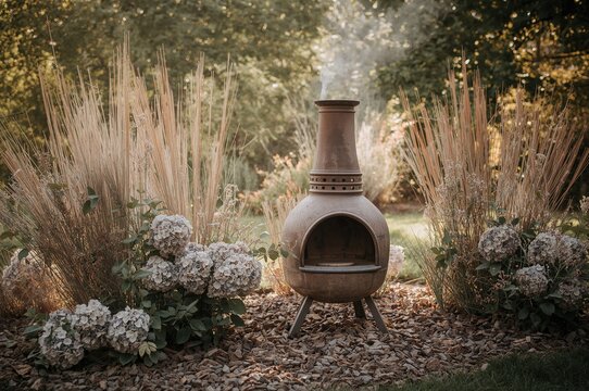 A rustic garden scene featuring an outdoor chiminea nestled among dry hydrangea shrubs on a wood chip ground cover.
