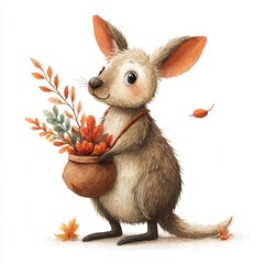 Cute cartoon animal holding a pot of flowers with autumn leaves in a whimsical setting