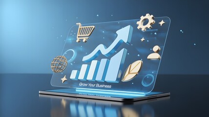 Dynamic 3D graphic showcases business growth with upward trending charts, shopping cart, and global icons on a digital interface, perfect for marketing.