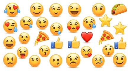 Collection of expressive emoji faces and food icons silhouette
