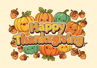 Happy Thanksgiving Festive Typography and Lettering Design with Pumpkins and Acorns