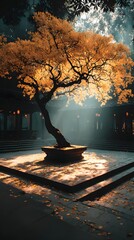 A quiet stone platform beneath a sacred bodhi tree in a sunlit forest clearing. Peaceful, spiritual, and empty—perfect for themes of reflection, mindfulness, or inner awakening.