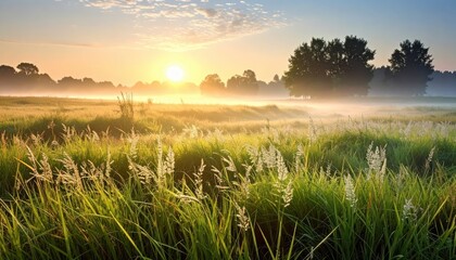 Serene Sunrise Over Misty Meadow with Golden Grass and Trees