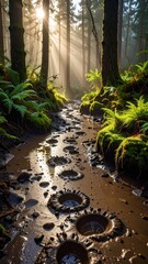 Obraz premium Tranquil Forest Scene with Sunlight and Muddy Pathway