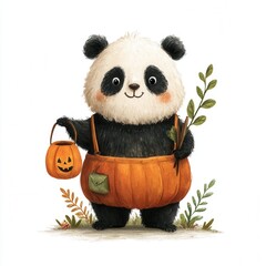 Cute cartoon panda character in pumpkin costume with Halloween bucket and foliage