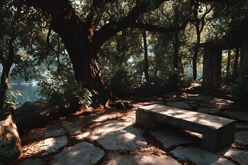 A quiet stone platform beneath a sacred bodhi tree in a sunlit forest clearing. Peaceful, spiritual, and empty—perfect for themes of reflection, mindfulness, or inner awakening.