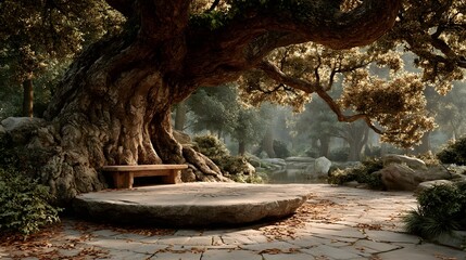A quiet stone platform beneath a sacred bodhi tree in a sunlit forest clearing. Peaceful, spiritual, and empty—perfect for themes of reflection, mindfulness, or inner awakening.